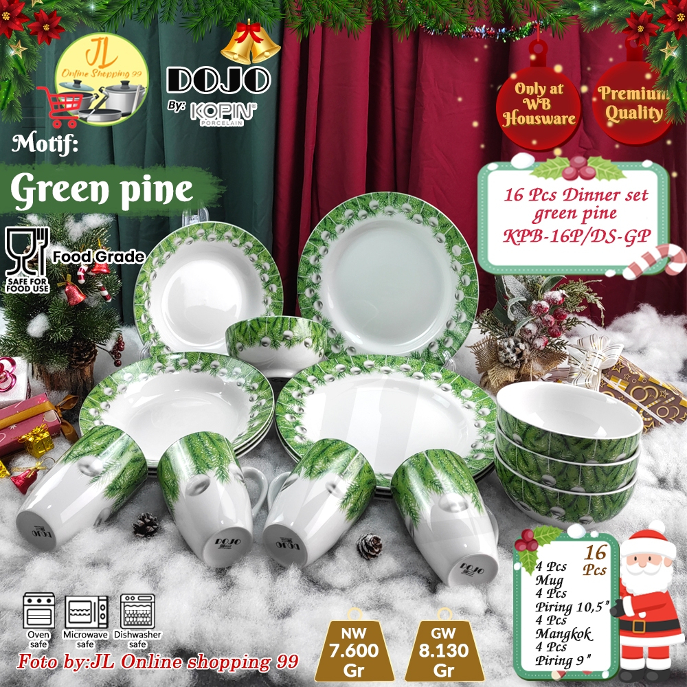 KOPIN 16pcs porcelain dinner set piring gelas mangkok motif green pine special natal christmas KPB-1