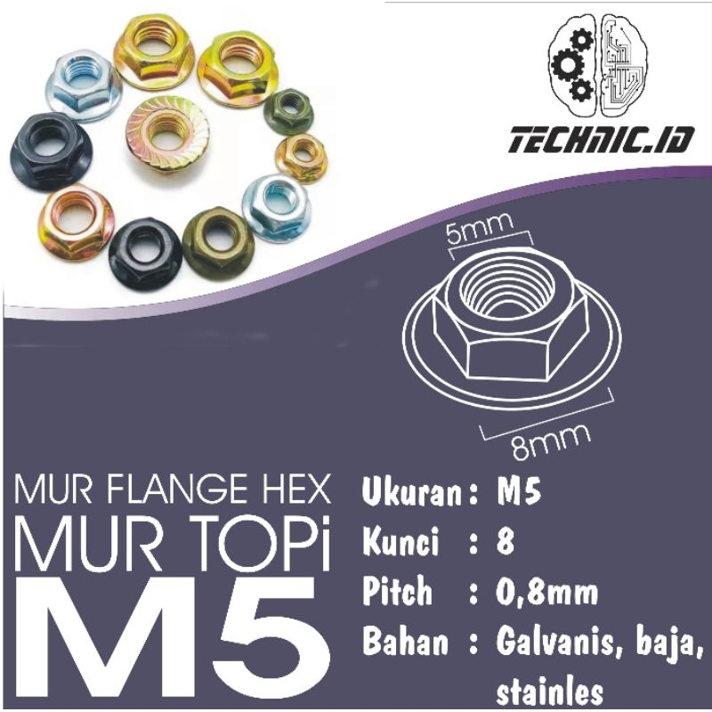 Mur Flange Hexagonal m5, mur flange hex m5, mur topi m5, mur Flange Hexagonal kunci 8,  mur flange h