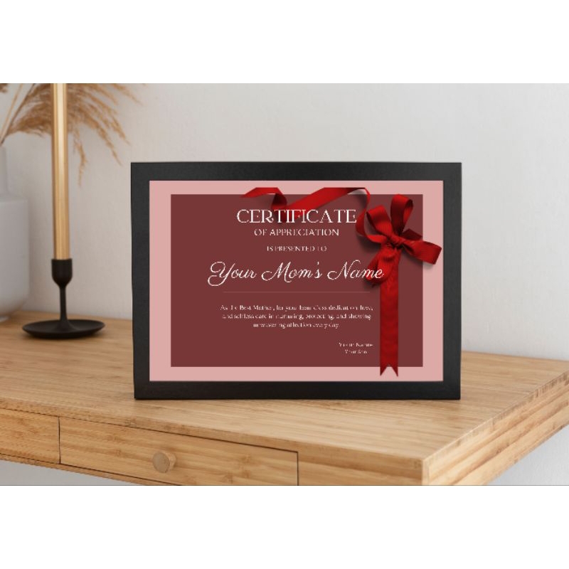 Sertifikat custom gift dan bingkai foto / frame, kejutan, kado, hadiah perayaan Hari Ibu, Ayah, Anni