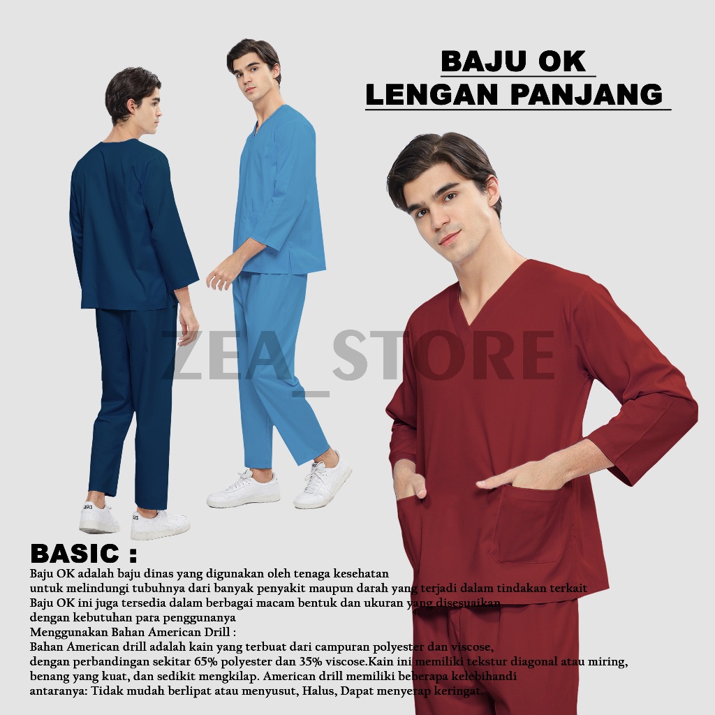 Setelan Baju Celana Jaga  OKA OK Perawat/Dokter Lengan Panjang Pria V Neck