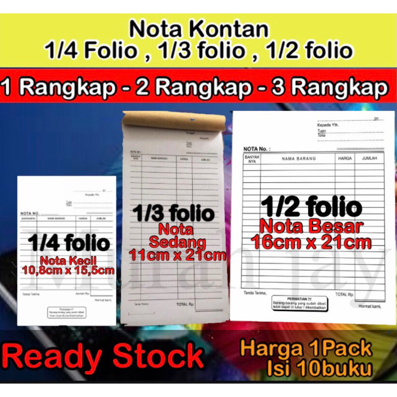 

10buku nota kontan 1/4 folio , 1/3 folio , 1/2 folio ( 1ply / 1 rangkap , 2ply / 2rangkap, 3ply /3 rangkap )