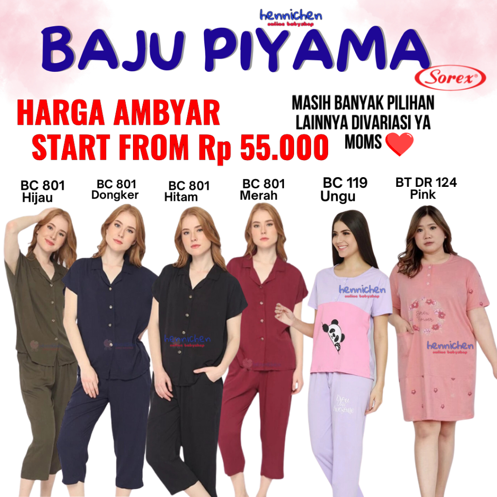 SALE HARGA AMBYAR BANYAK JENIS SOREX BAJU TIDUR PIYAMA LENGAN PENDEK DASTER COMFY SERIES CHILL SERIE