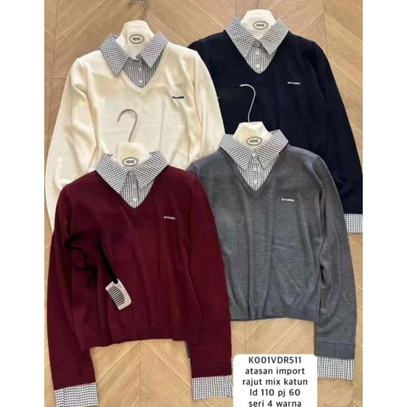 Blouse Rajut Kerah Kotak Sweater Rajut Mix Katun Import