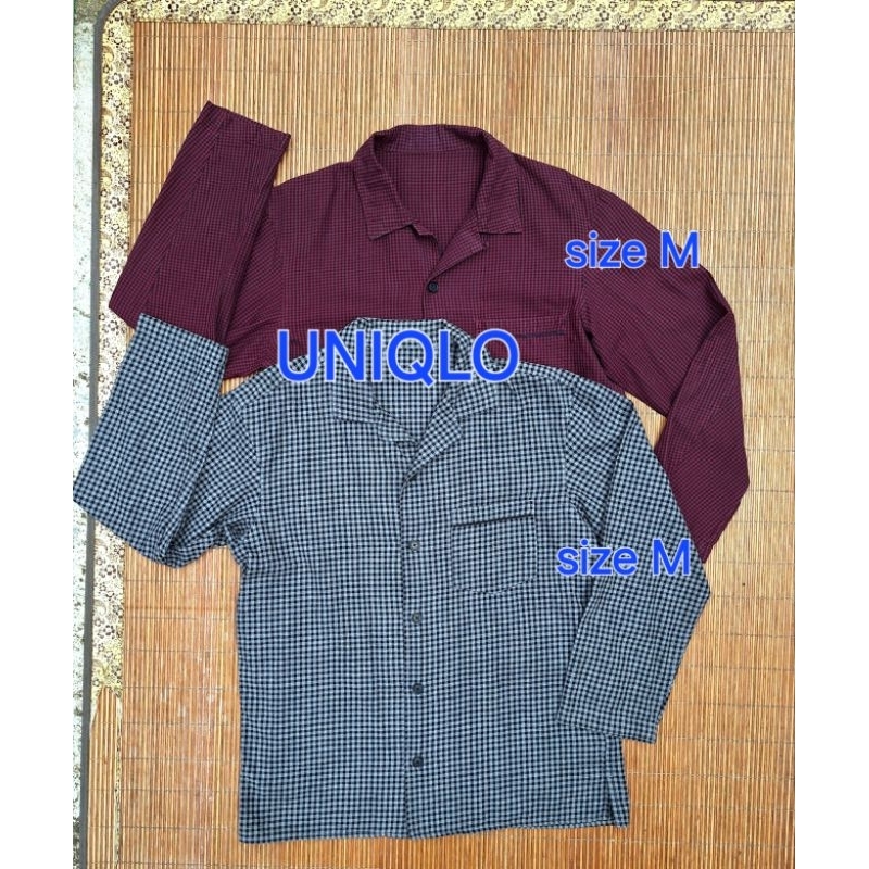 Baju Kemeja UNIQLO Open Collar Kotak Flanel Lengan Panjang Pria
