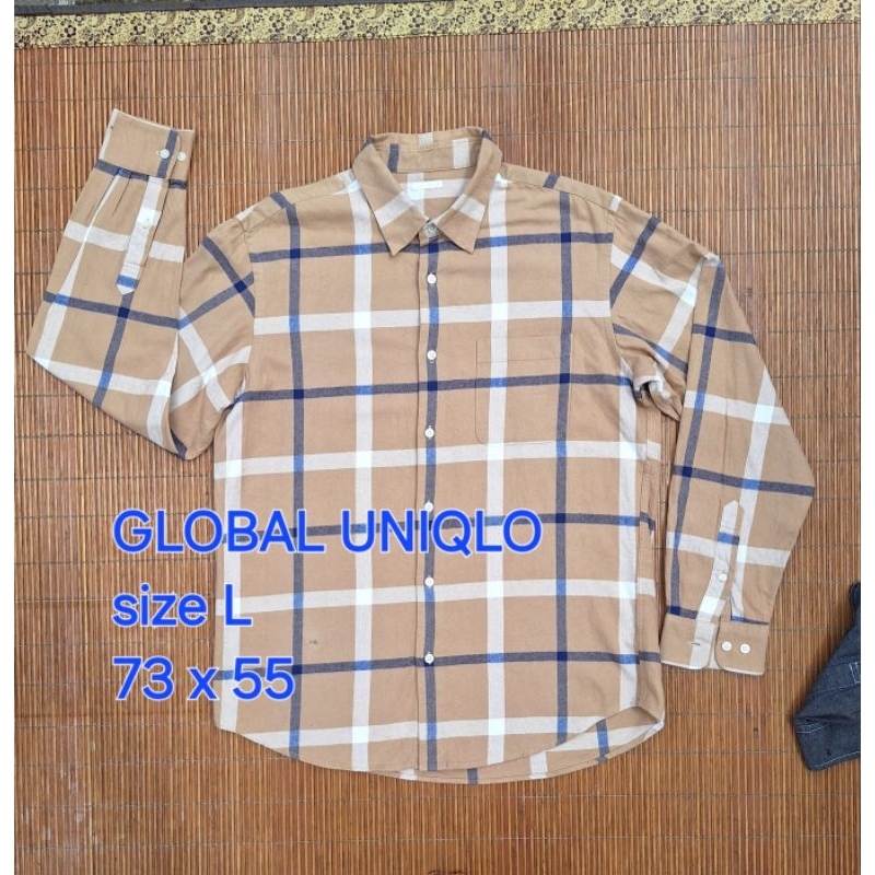Baju Kemeja Flanel Global Uniqlo Kotak Coklat Lengan Panjang Pria