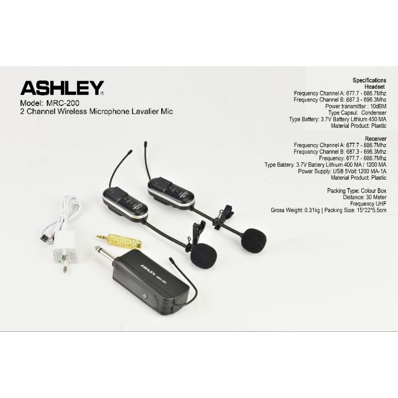 Mic wireless Clip on Ashley MRC 200 original 2 mic clip on