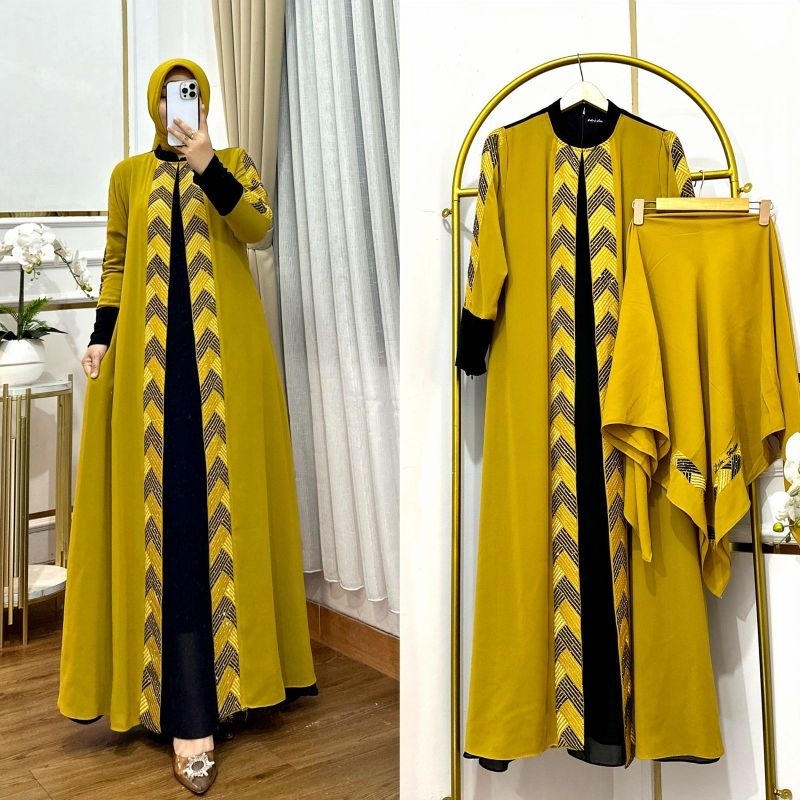 Gamis Pesta Bordir Ceruty Babydoll Syar'i Set Hijab dengan Payet Mewah Gamis Kondangan