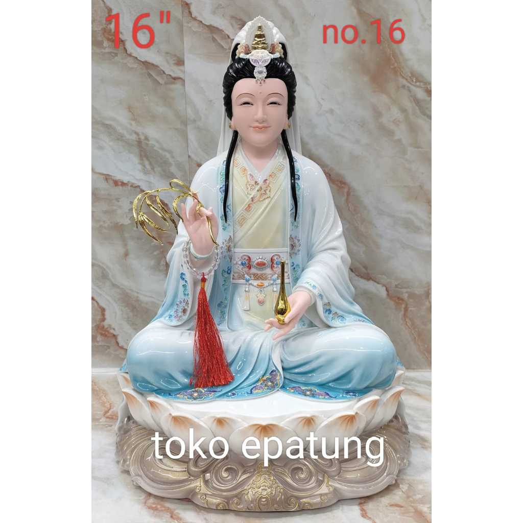 patung dewi kwan im / kwan in / kwan yin / guan yin - mamer - 16 inch - slendang - biru muda - 16