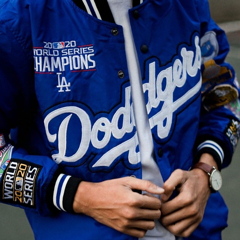 Mens Varsity Jacket Baseball Los Angeles Dodgers Blue Full Bordir - Seven Time Win