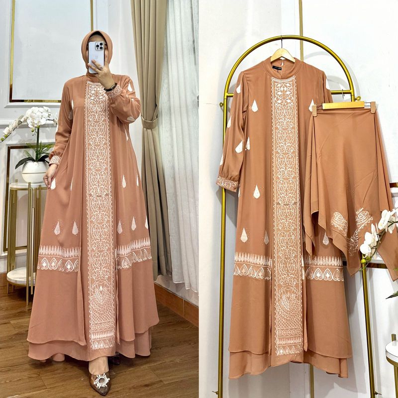 Gamis Nadira Bordir Ceruty Premium Set Hijab Model Terbaru