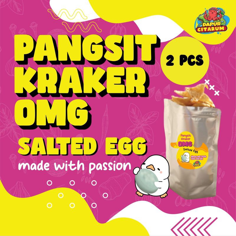 

Dapur citarum - 55 g x 2 pcs Pangsit krakers Omg Salted Egg, pangsit yang lembut dan renyah yang di padukan dengan bumbu telor asin asli yang nikmat sekali gigit tidak bisa berhenti mengunyah, ukuran berat 55 gram