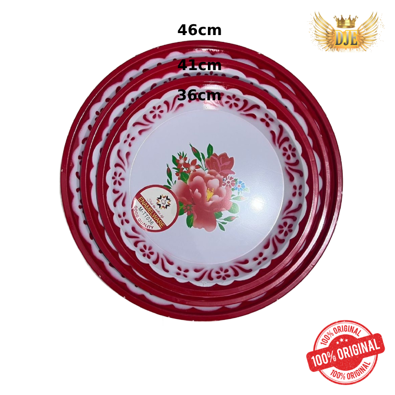 Nampan enamel motif bunga / Wadah saji jadul/ Baki Bulat enamel