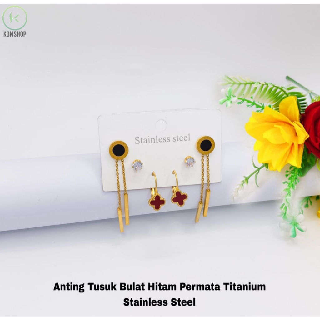 Anting Tusuk Bulat hitam Permata Titanium Stainless Steel Anti Karat