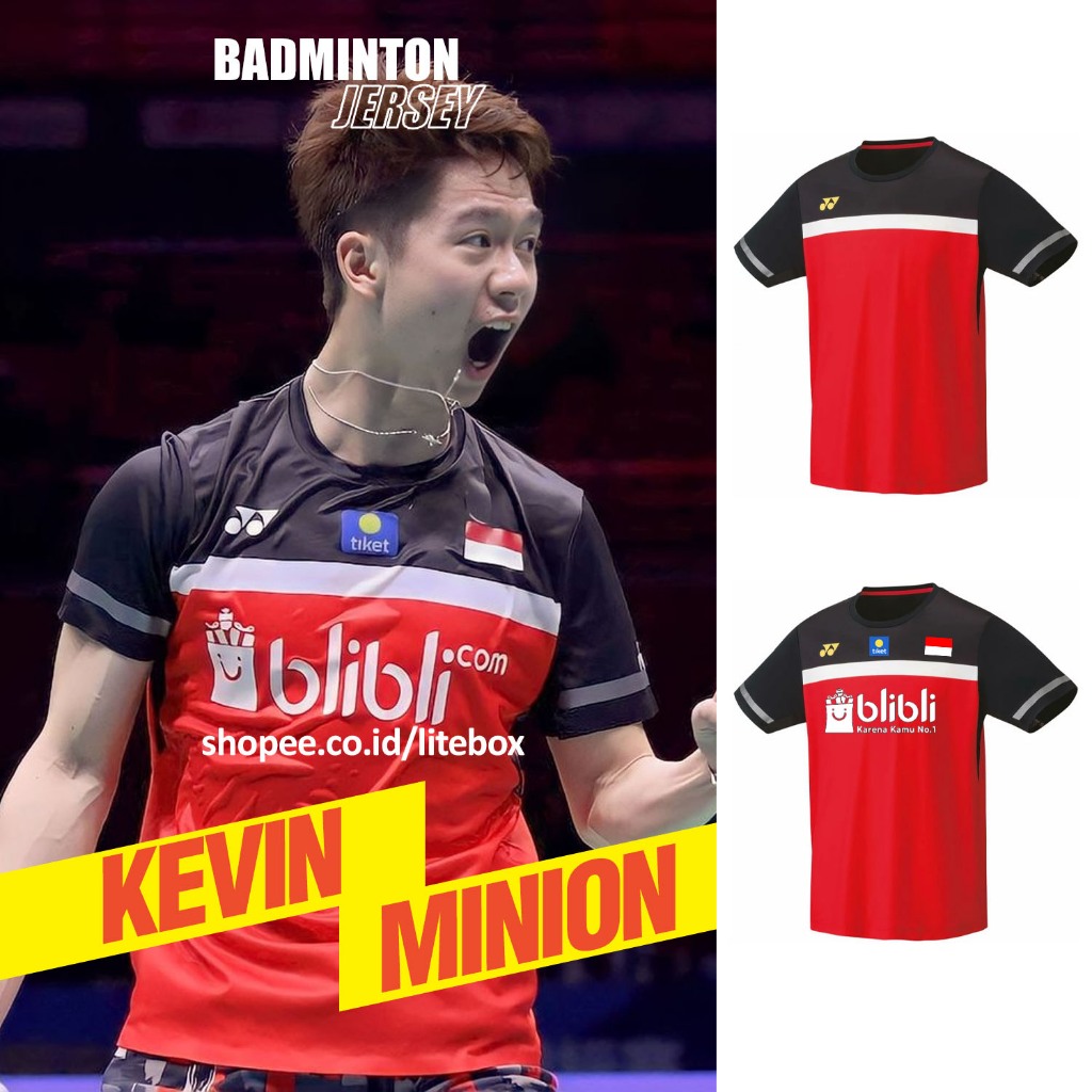 Jersey Badminton Kevin Sanjaya 10284 Indonesia / Kaos Bulu Tangkis Merah Hitam Minion