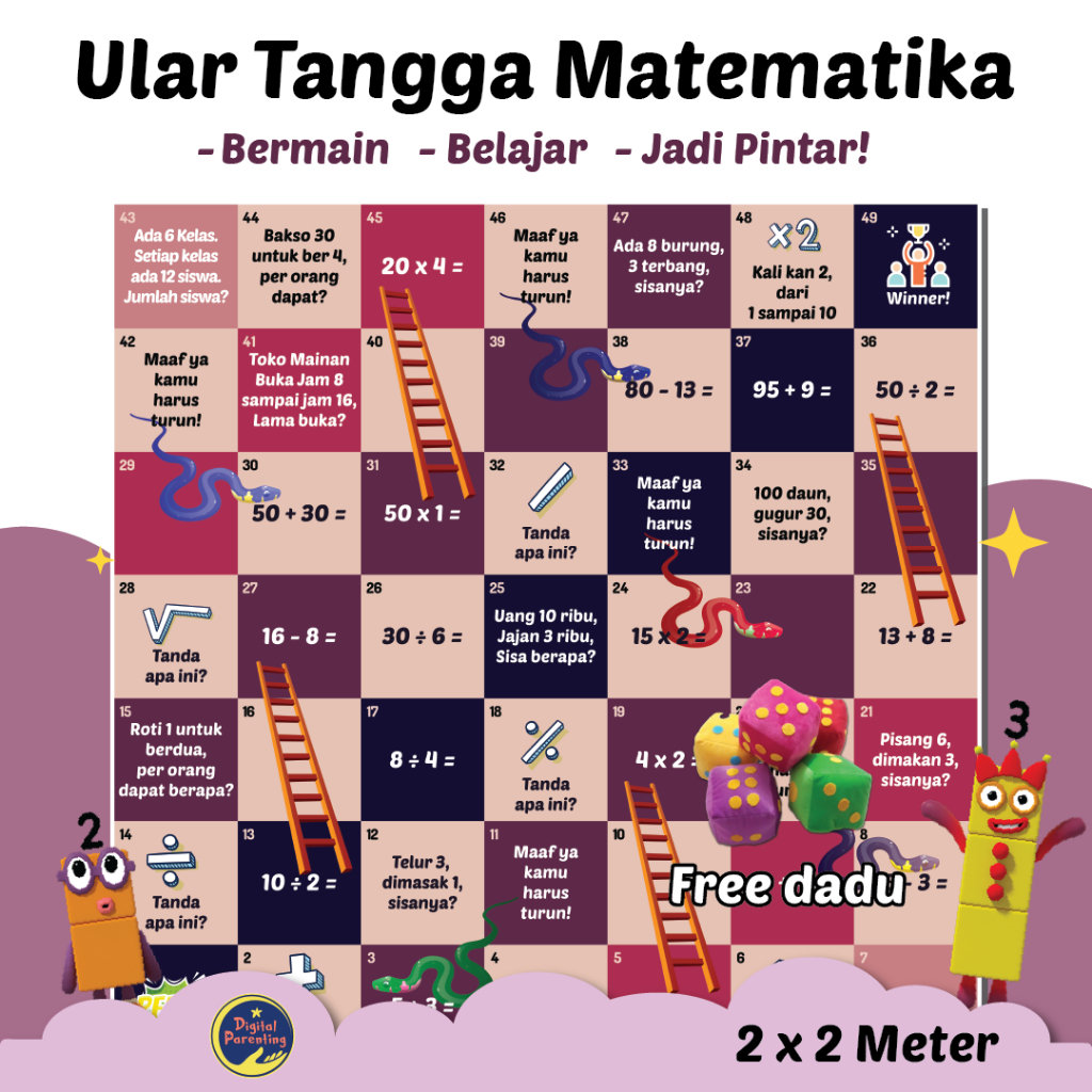 Ular Tangga Jumbo Tema Belajar Matematika, Gratis 2 Dadu | Permainan Edukasi Anak Ular Tangga