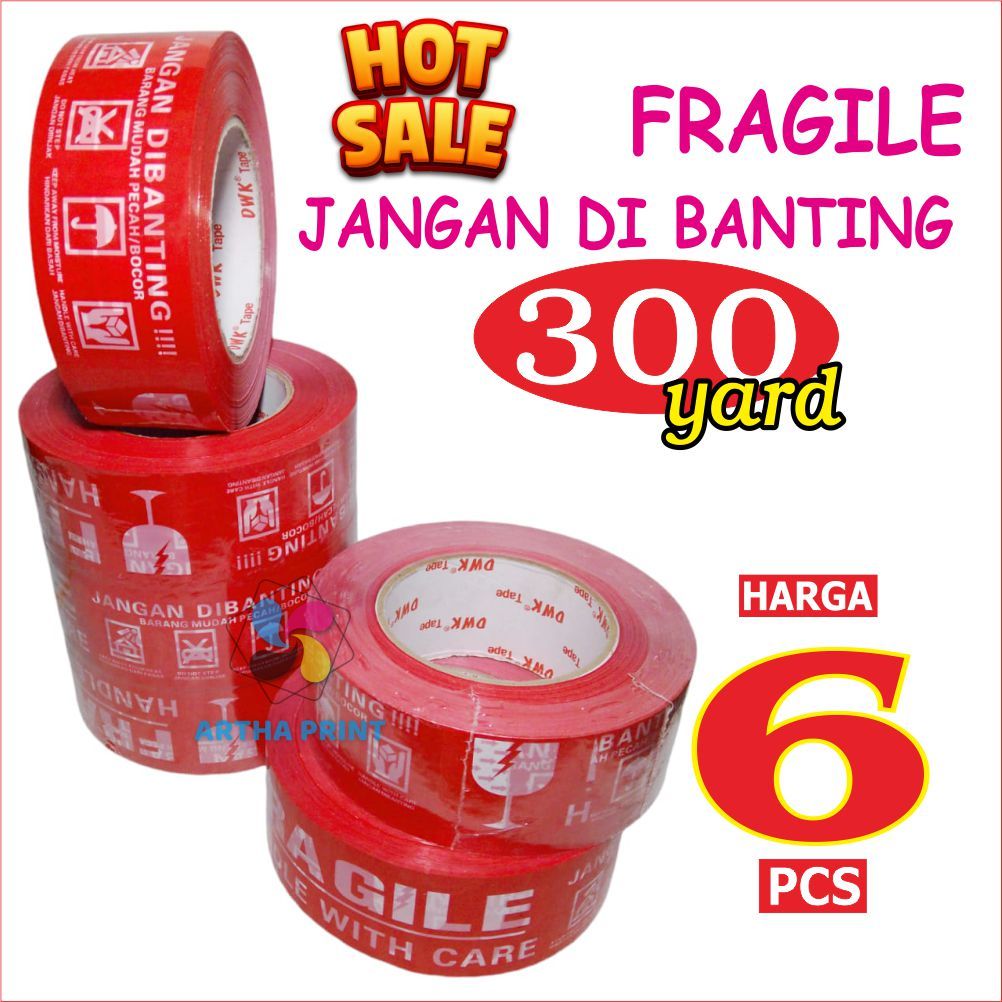 

PROMO Lakban Fragile Jangan Dibanting Fragile PANJANG 300 yard Harga 1 Slop ( 6 PCS )