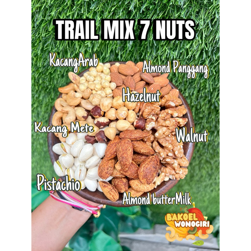 

TRAIL MIX 7 NUTS Kacang mete kacang amond panggang pistachio walnut almond cangkang butter milk hazelnut arab chikpea siap makan