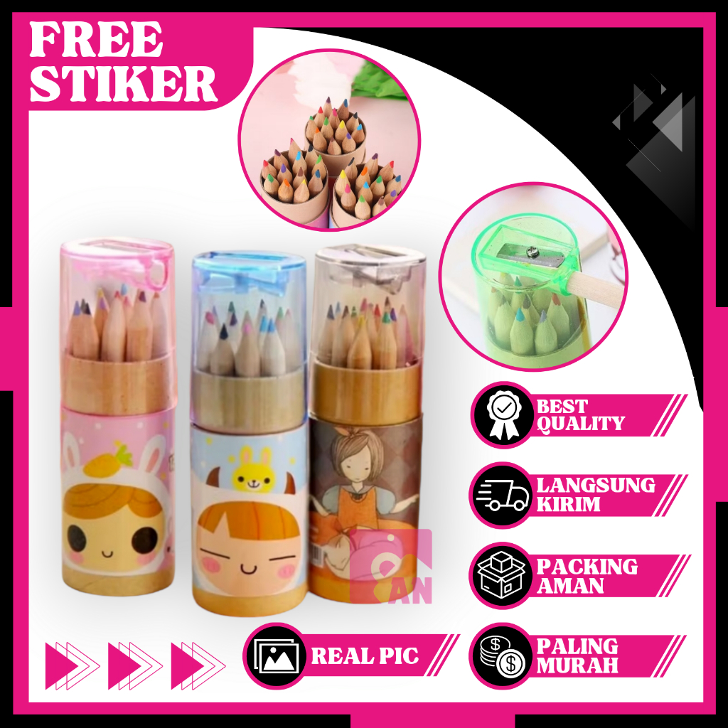 

1SET Pensil Warna 12 In 1 Pendek Kemasan Tabung Karakter Gambar Lucu Peralatan Tulis Mewarnai Stationery Pencil Color Anak Crayon A023