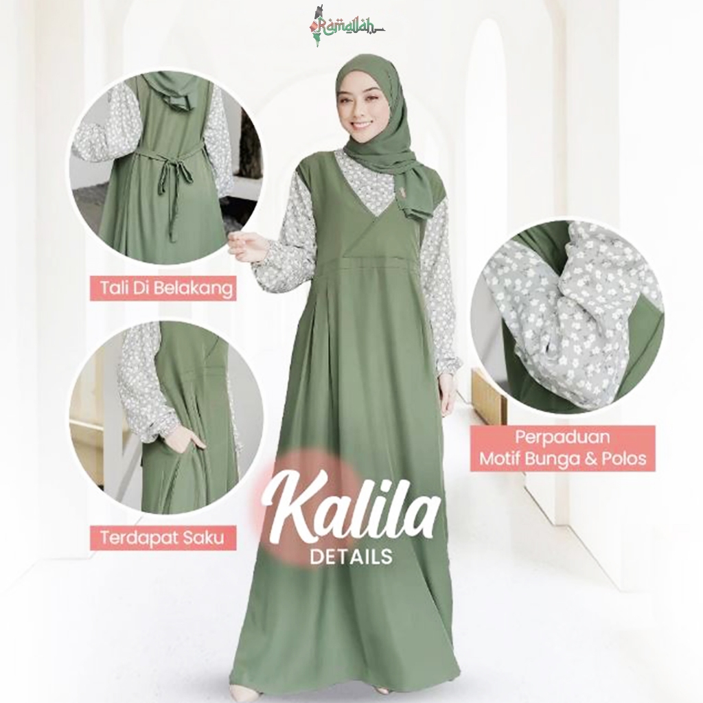 Kalila Dress Muslim Korea GreenGrey Greenforest - Gamis Wanita Terbaru Syakila twill premium