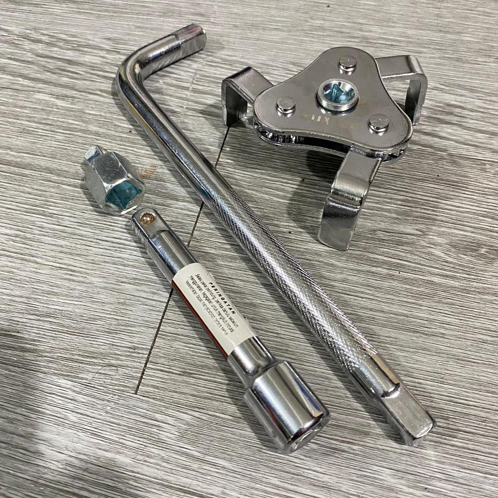 BERGARANSI Promo Kunci Pembuka Filter Oli  3 Kaki + Gagang Sok L 1/2" + Extension 5 Inch Paket Lengk