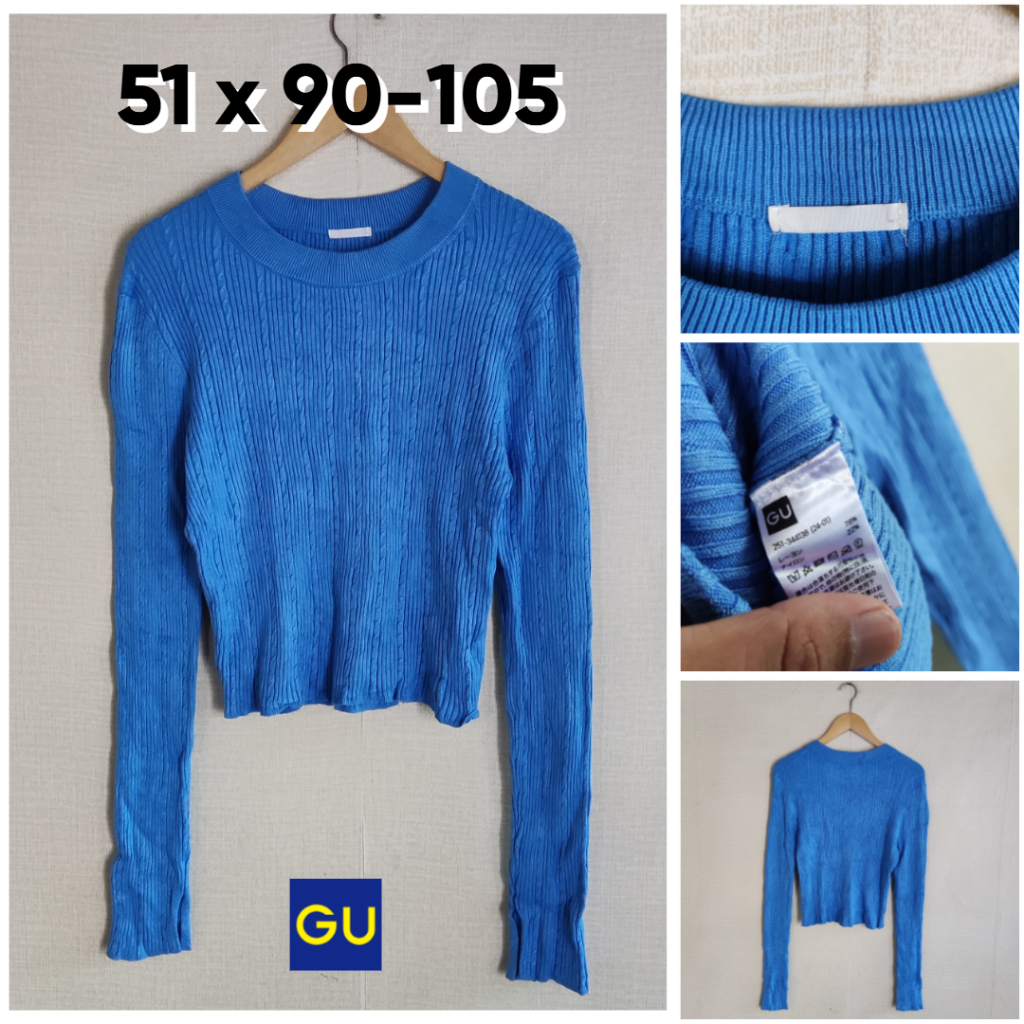 Sweater Crop Kepang GU by Uniqlo Biru Size L Wanita Atasan Cewek Outer Knit Cable Mulus GF461