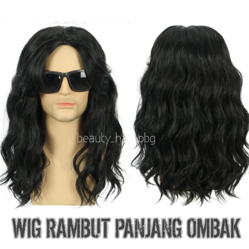 Wig Pria Rambut Panjang Bergelombang Warna Hitam Natural