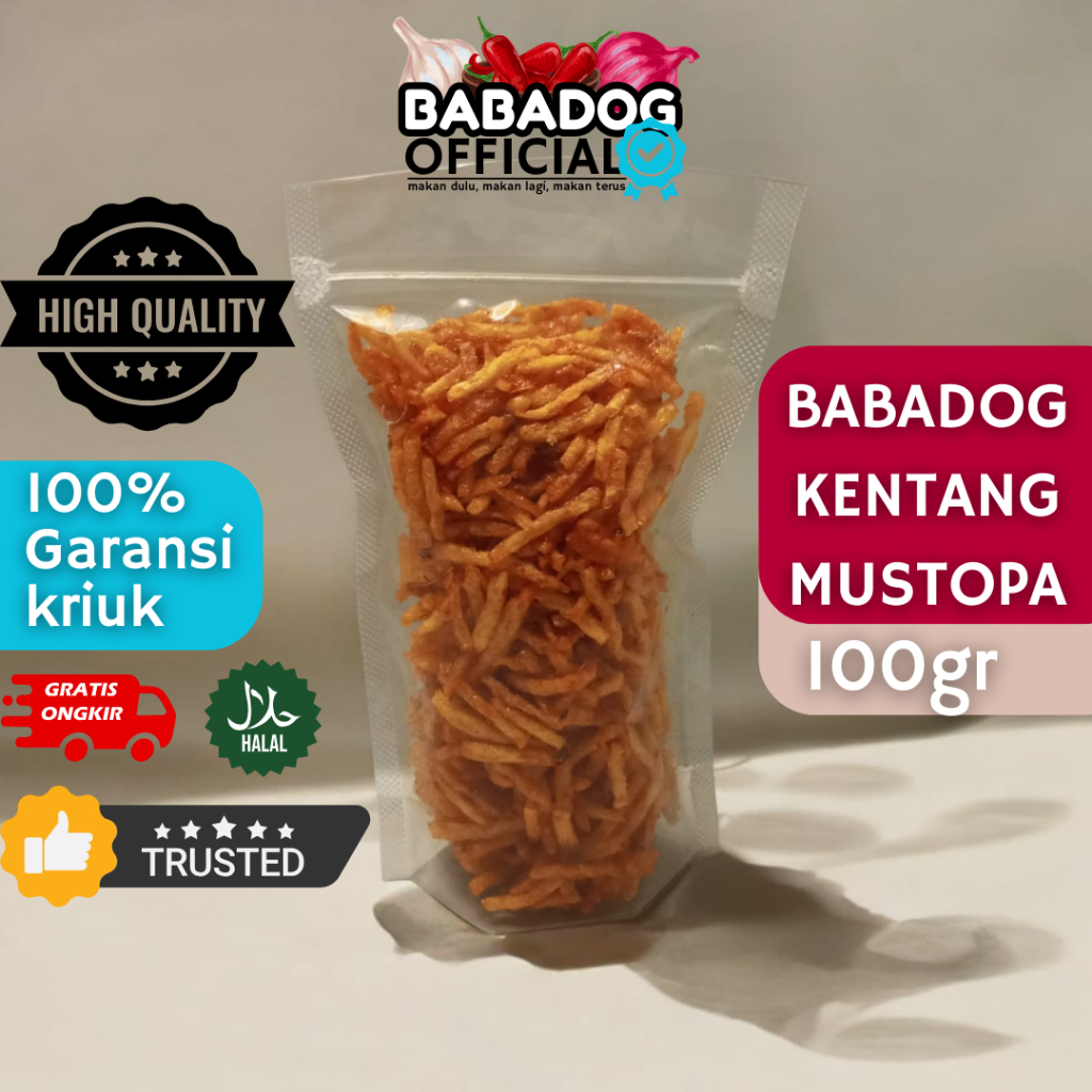 

SNACK CAMILAN KENTANG OLAHAN BABADOG OFFICIAL KENTANG MUSTOPA 100gr, BABADOG OFFICIAL PEDAS, MANIS