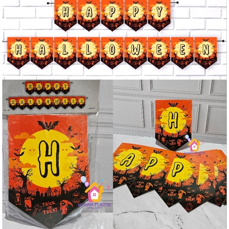 FLAG SEGILIMA HAPPY HALLOWEEN BLACK ORANGE hitam oranye tulisan banner gantung paper kertas tempel d