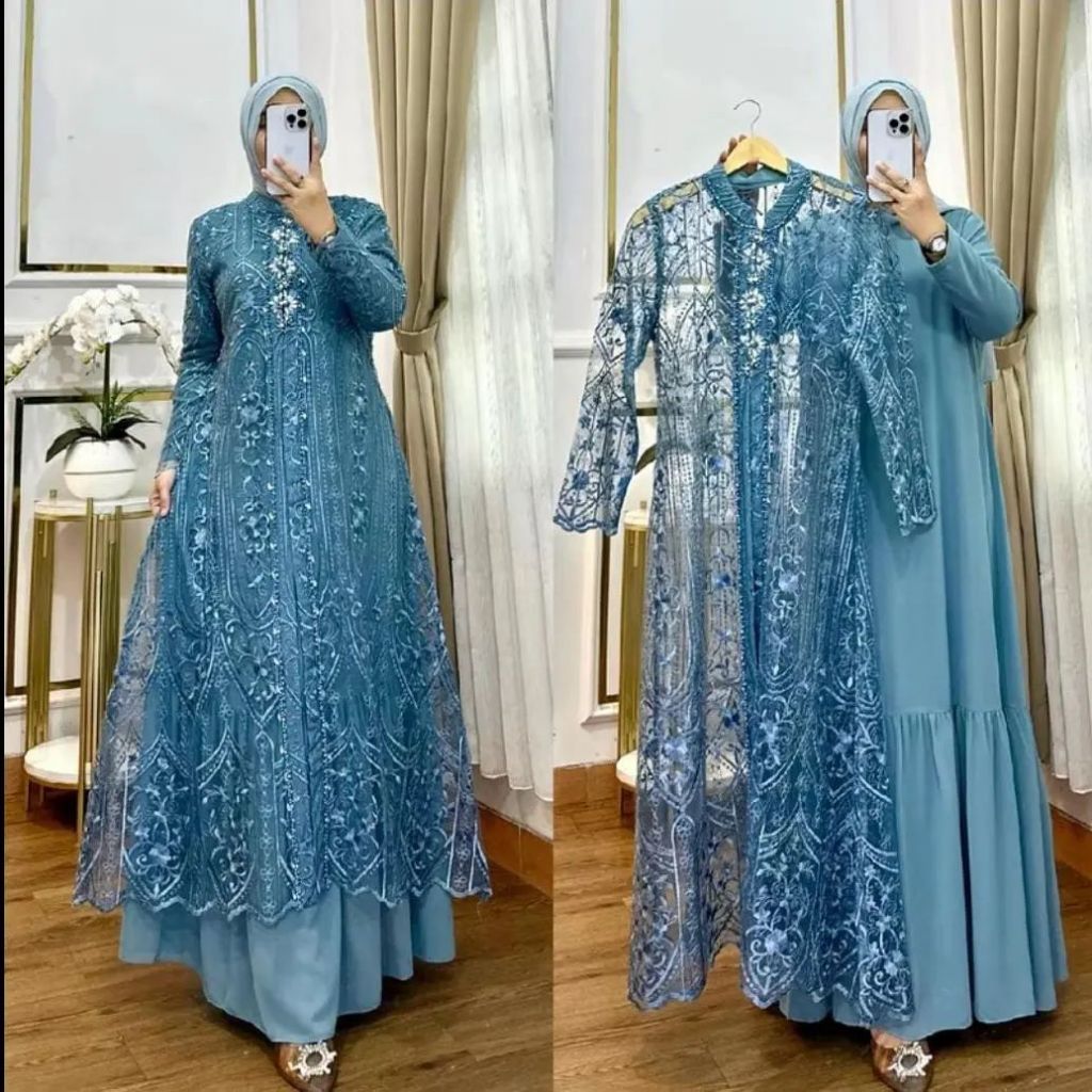Baju Gamis Set Outer Brukat Impor Premium NAURA Dress Pesta Wanita Seragaman Terbaru Lebaran 2025 Wa