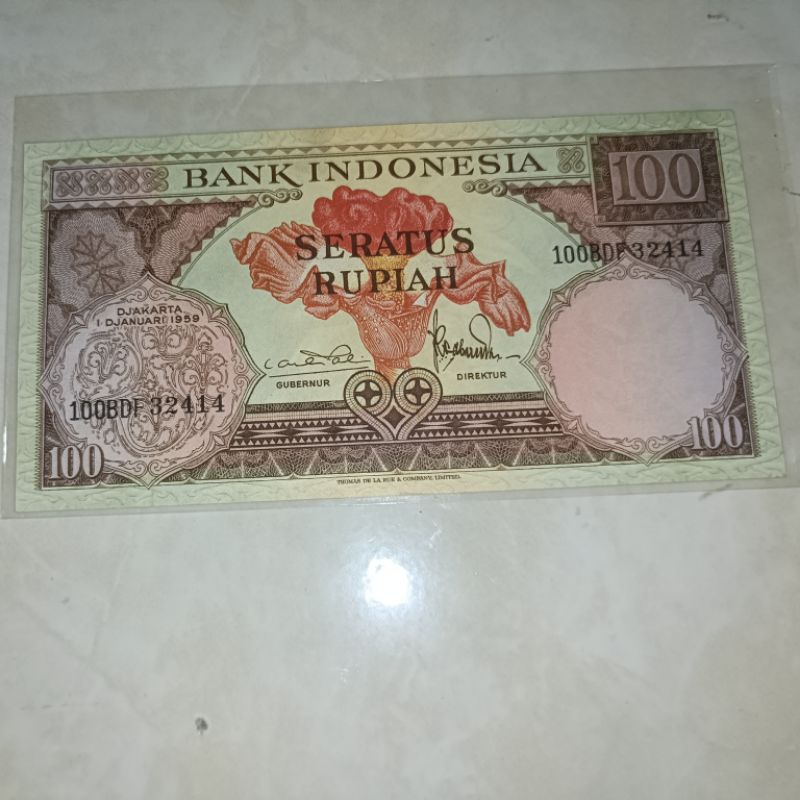 uang 100 / seratus rupiah bunga tahun 1959 asli unc