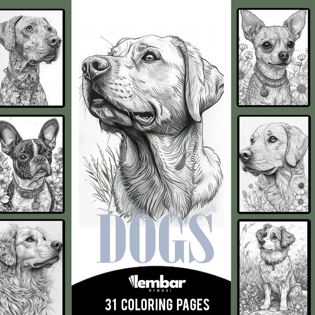 

31 Pages Buku Mewarnai Dewasa - Printable Adult Coloring Book - Digital Download - Dogs Coloring