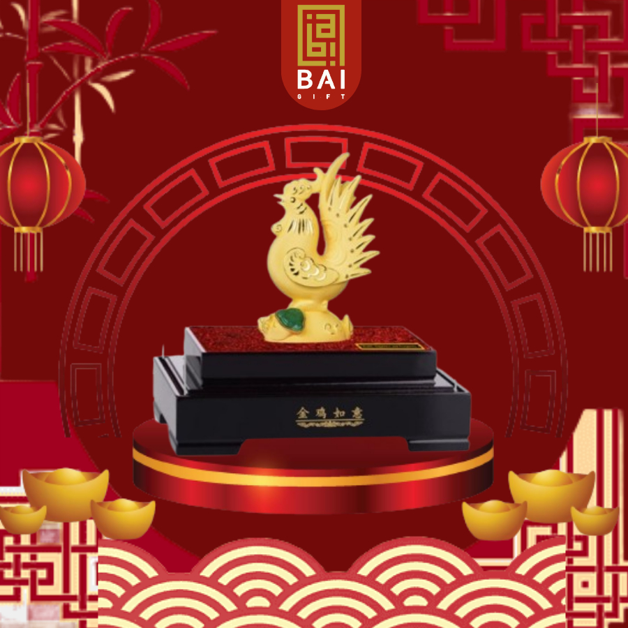 BAI GIFT Patung Ayam Bola Lapis Emas 24k Pajangan Shio Ayam Bola (Lucky Rooster)