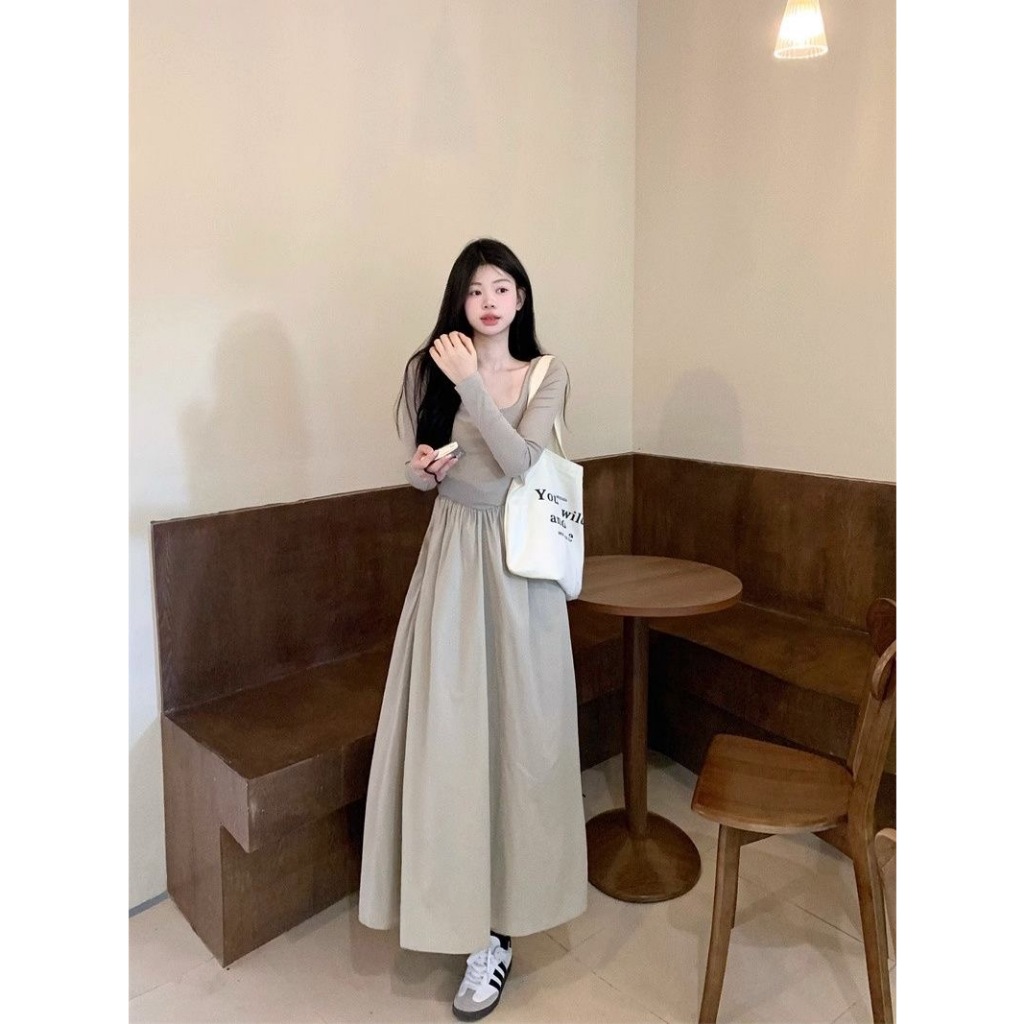 Dress Panjang Wanita Gaun Lengan Abu-abu Dress Korean Style Premium Baju Wanita V-neck Retro Vintage