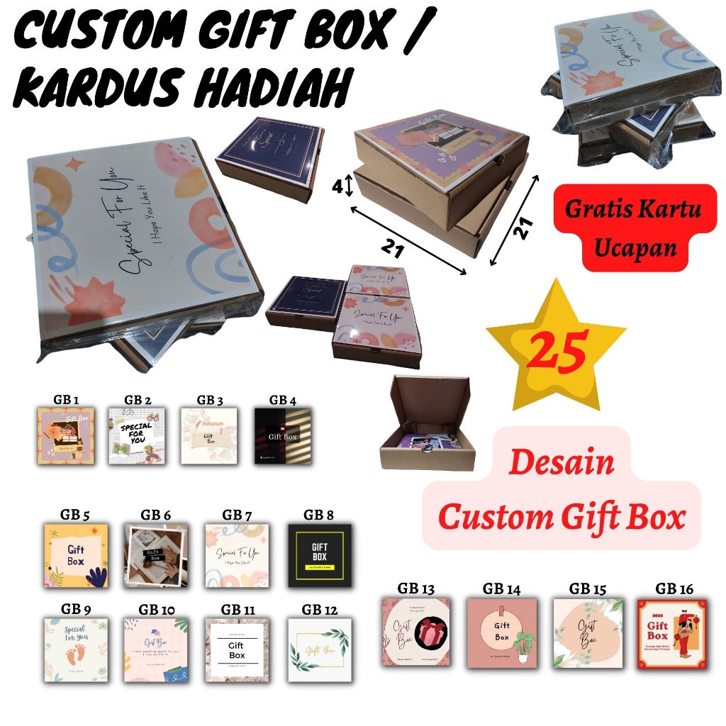 

Custom Kardus Box Hadiah Gift Box 21x21x4 cm Gratis Custom Kartu Ucapan