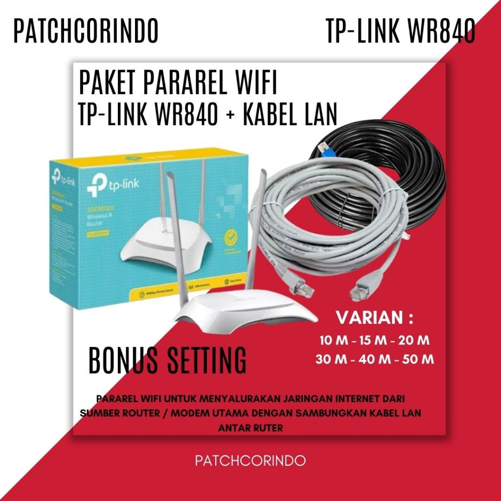 PAKET PARAREL WIFI ROUTER TP LINK WR840 + KABEL LAN 30 METER