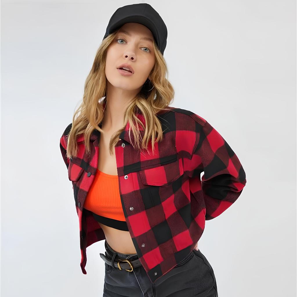 Kemeja Flanel Kotak-Kotak Wanita Crop Top Oversize Modis - Merah Hitam, Outer Casual Kekinian