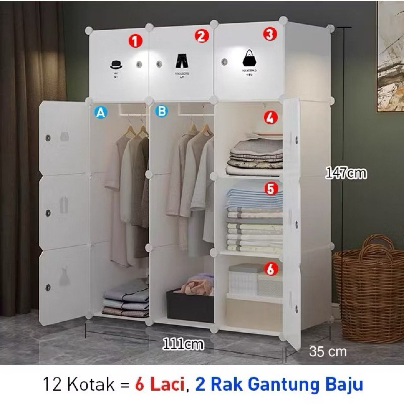 SUNXIN Lemari Pakaian Plastik Penyimpanan Lemari Baju Susun Penutup Baju Anti Debu Rak Baju Kotak Or