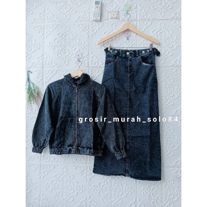 Setelan Jeans Wanita Hoodie Jacket + Rok Span Panjang Terbaru