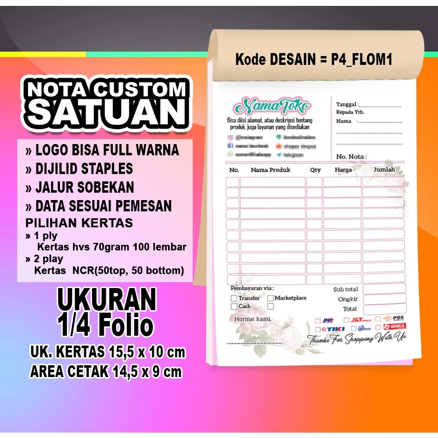 

Pesan Nota Satuan Custom Sesuai Kebutuhan Bisnis Anda, Hemat Biaya! ( ± 15,5 x 10cm)1/4 folio | bisa dipasang logo toko tanpa batasan