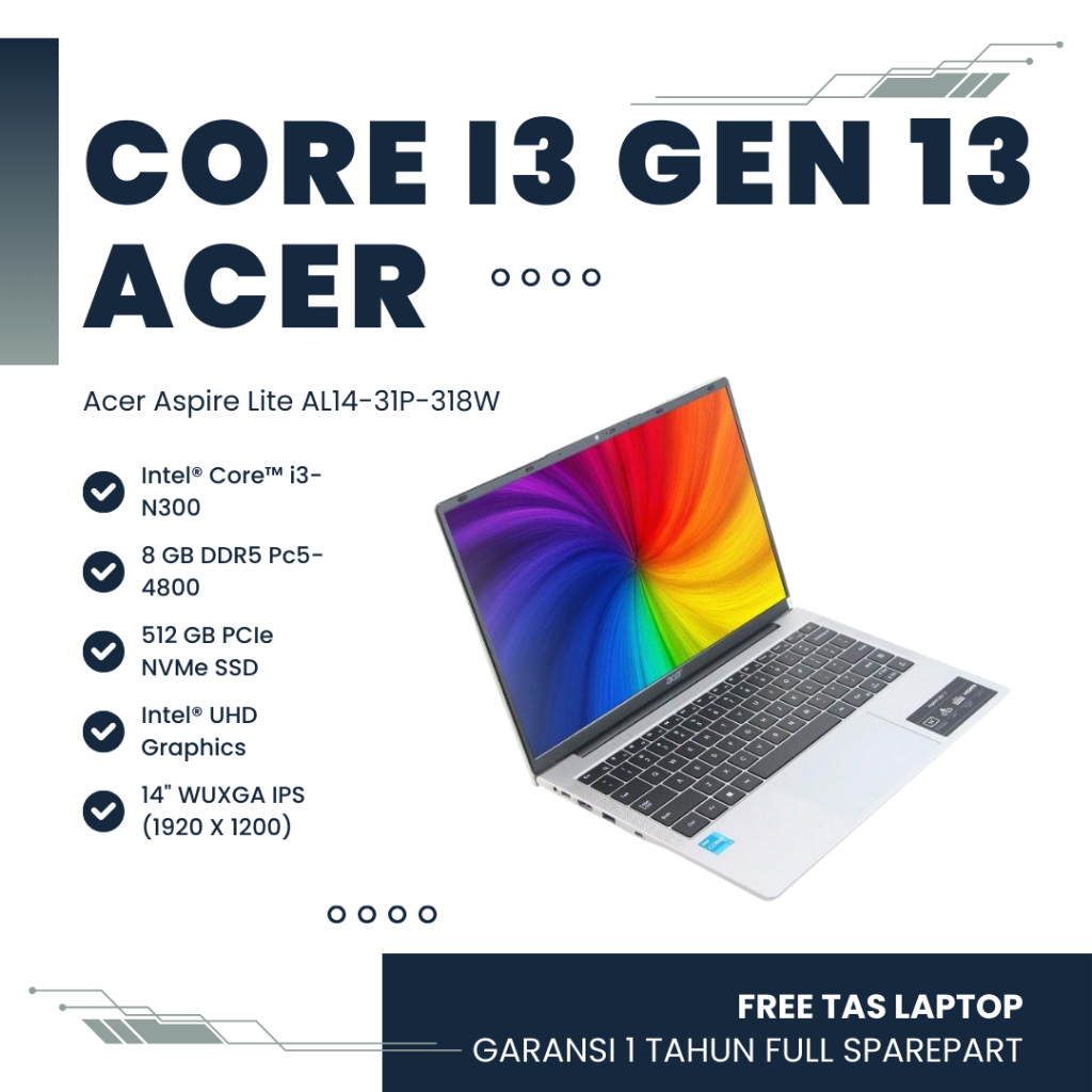 TERLARIS - LAPTOP ACER CORE I3 TERBARU - ACER ASPIRE LITE AL14-31P-318W | CORE i3-N300 | RAM 8GB DDR