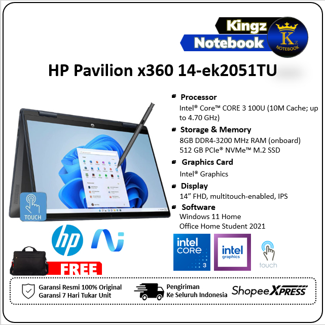 HP Pavilion x360 14-ek2051Tu Core i3 100u 8GB 512GB Win11+OHS 14" FHD Touch