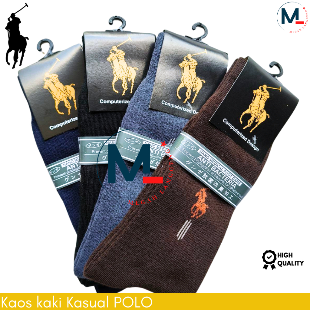 6 Pcs Kaos Kaki Polo Motif Pria Dewasa, Panjang Sebetis, Warna Hitam, Coklat dan Navy -kaus kaki pan