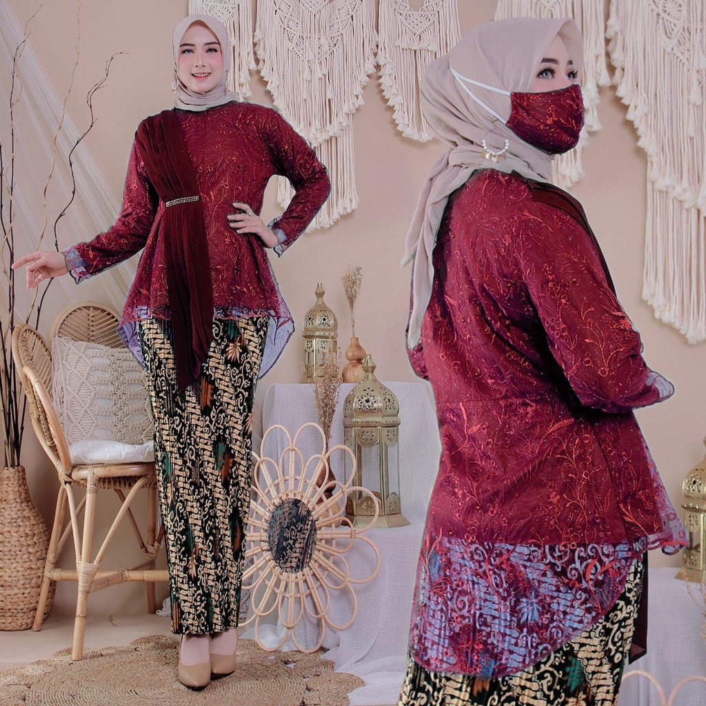 FREE MASKER Setelan Kebaya Wisuda Set Kebaya Modern Blouse Tulle Bordir Motif Aurora Selendang Aneka
