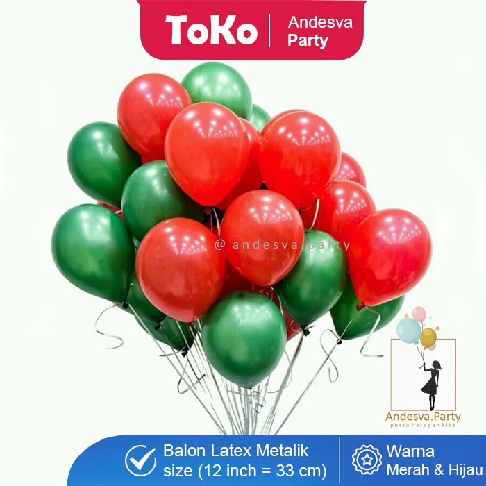 balon latex metalik merah hijau / Balon metalik dekorasi natal / balon polos merah hijau