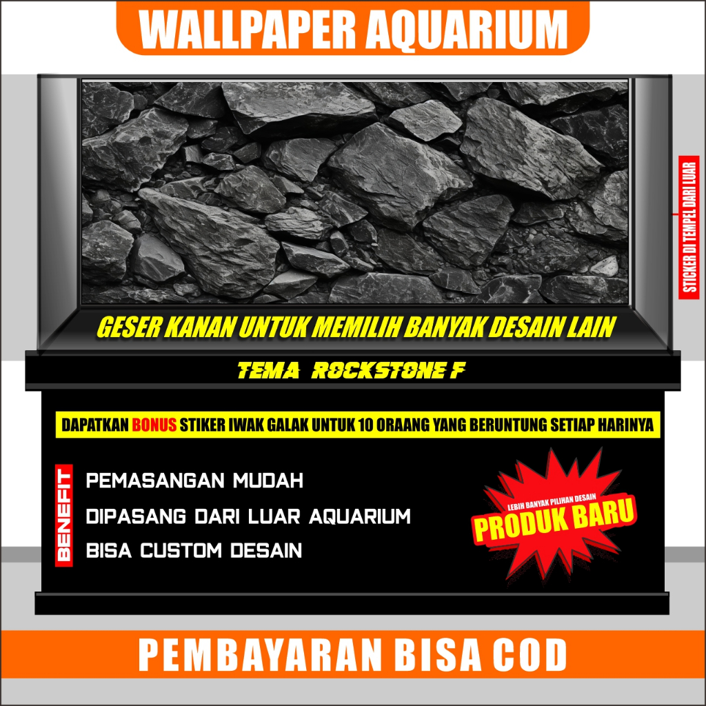 sticker aquarium, background aquarium 3d, wallpaper aquarium belakang 3d batu granit rockstone