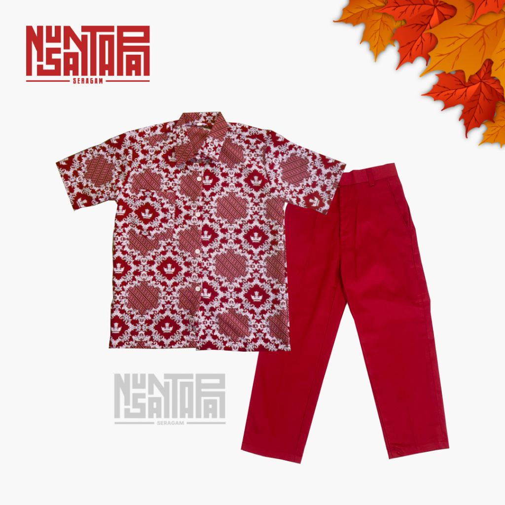 Seragam Batik Sekolah Dasar (SD) Motif Bunga Lereng Satu Set Celana Merah