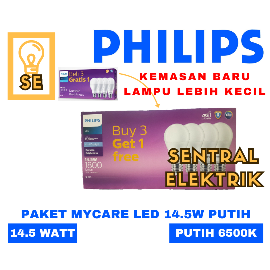 (4pcs) PAKET 14.5 W LED BUNDLE 14.5W  14.5watt Philips Mycare PAKET PHILIPS LAMPU LED BULB