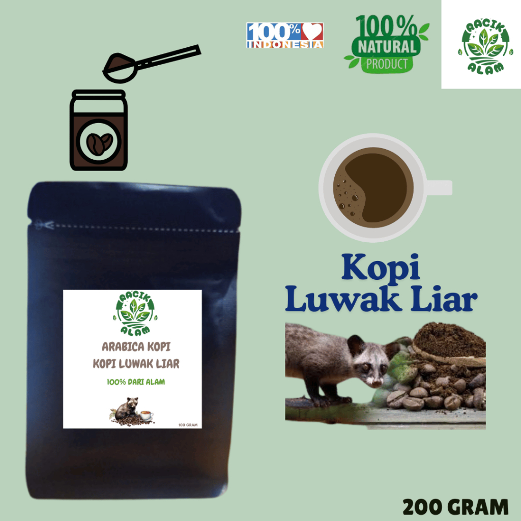 

Kopi Luwak Liar - 100% Berasal Dari Luwak Liar- Siap Seduh - 200 Gram