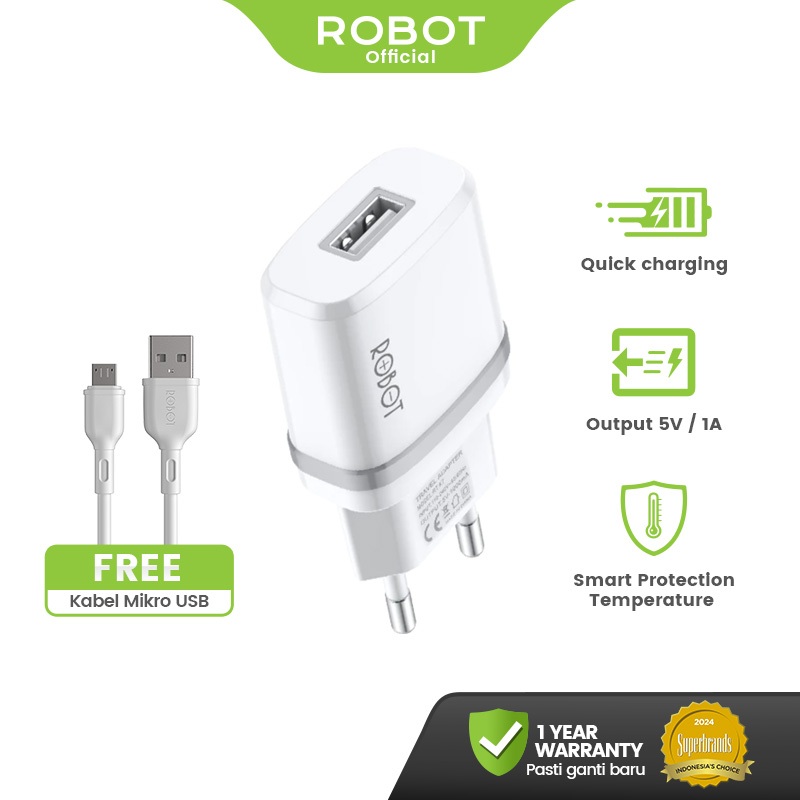 ROBOT Adaptor Kepala Fast Charger iPhone & Android Universal 1A USB with Kabel Micro 1M Gratis RT-K7