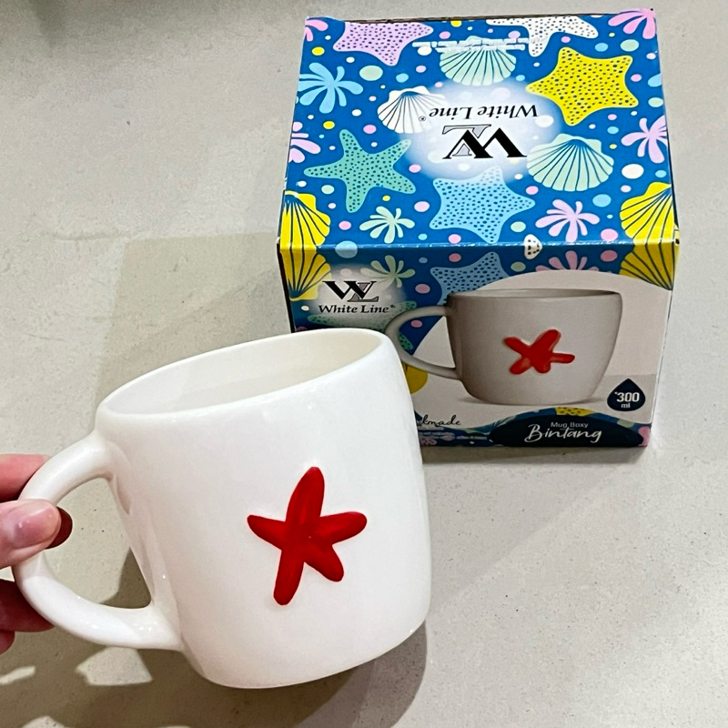 Mug Keramik Putih Motif Bintang Laut Imut Lucu Gelas Gagang Keramik Dus Kado